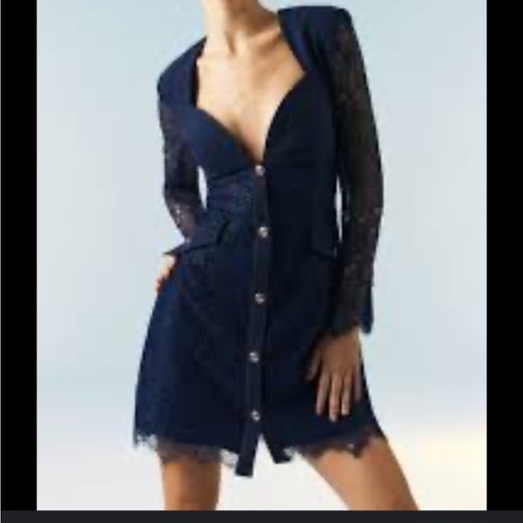 Karen Millen Navy Long Sleeve Lace Dress - Picture 2 of 5
